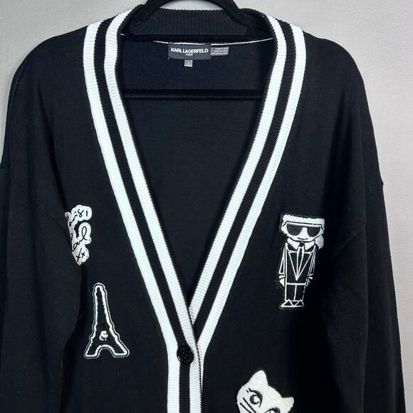 Karl Lagerfeld Varsity sweater cardigan Medium Cats Black Witchy Goth Patchwork - Picture 8 of 13